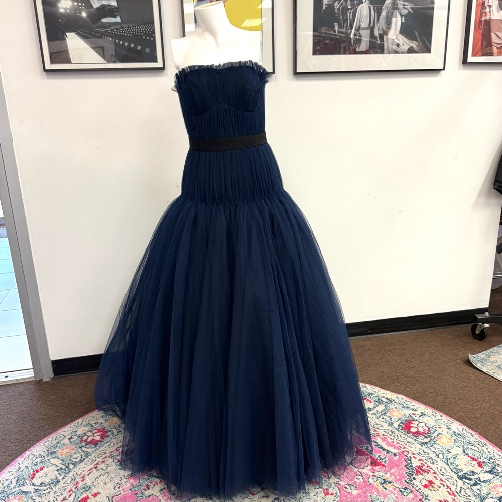 Zac Posen Navy Blue Strapless Tulle Maxi Gown